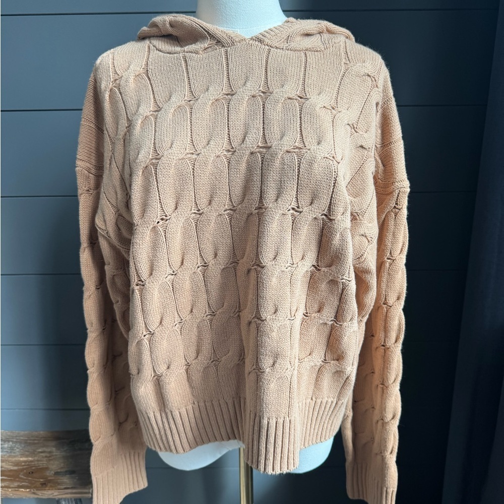 Anthropologie Saturday Sunday Cozy Cable Knit Hooded Tan Sweater NWT